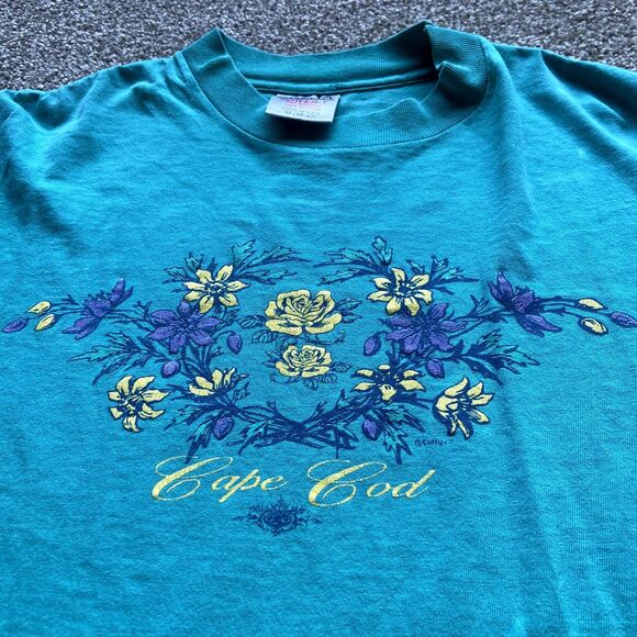 VINTAGE ONEITA CAPE COD GRAPHIC T-SHIRT TURQUOISE USA MEDIUM WOMENS - Picture 2 of 6